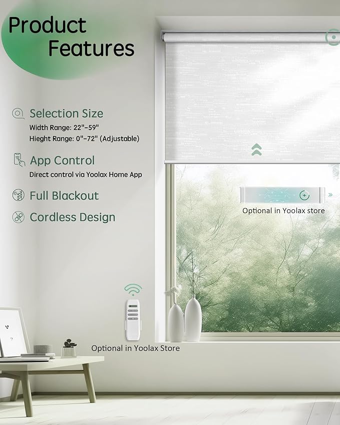 Yoolax Motorized Blinds App Control, Light Filtering Motorized Shades for Windows, Cordless Automatic Roller Shades for Bedroom Living Room Office(Light Filtering Jacquard White, 27" W x 72" H)