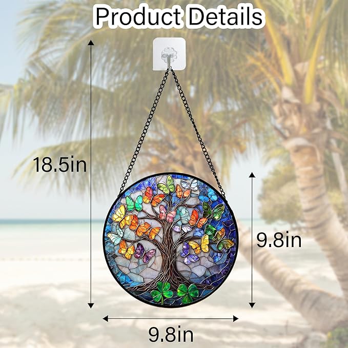 DASTOLL Stained Glass Window Hanging, Butterfly Tree Clover Sun Catchers Glass Panel Blue Suncatcher Decor for Birthday for Women, Men, Wife, Aunt, and Mom 9.8 in