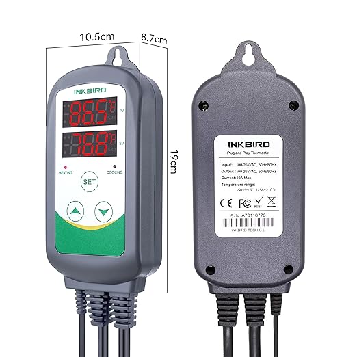 Inkbird ITC-308 Digital Temperature Controller 2-Stage Outlet Thermostat Heating and Cooling Mode Carboy Homebrew Fermenter Greenhouse Terrarium 110V 10A 1100W
