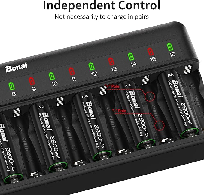 BONAI AA AAA Battery Charger 16 Bay for NiMH Rechargeable Batteries Independent Control with LED Light and Standard American AC Charging Plug, Battery not Included - Black