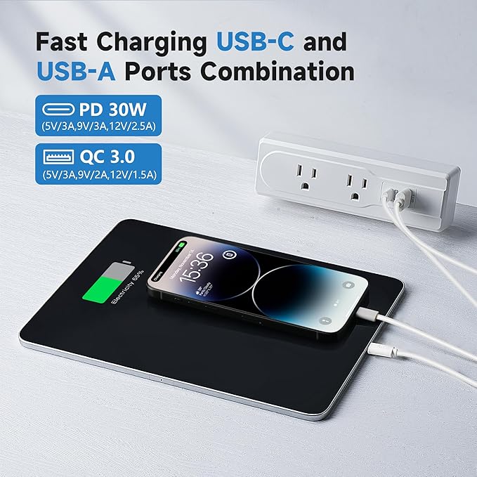 Desk Clamp Power Strip with 10Feet Extension Cord,45 Degree 3-Prong Thin Flat Plug, 2 Widely Spaced AC Outlets,2 USB Port (20W PD USB-C & 18W QC3.0 USB-A) Desk Edge Mount Power Strip,16AWG, ETL Listed