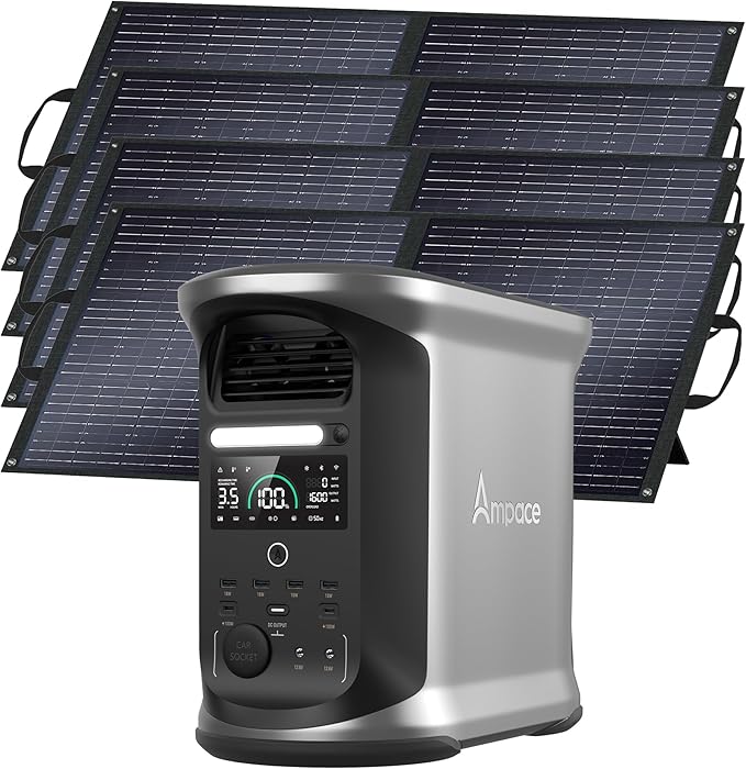 AMPACE Andes 1500 Power Station with 4×100W Solar Panel, 2400W/1462Wh Solar Generator with 4 AC Outlets, AC 1800W Fast Charging, APP Control Battery Backup for Home, Camping & RVs