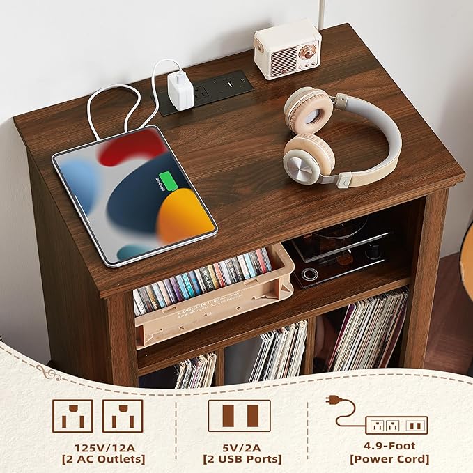 Joaxswe Record Player Stand with Charging Station Up to 200 Albums, 24" Wide Mid-Century Record Player Table with Vinyl Record Storage,Large Wood Turntable Stand Dispaly Cabinet for Living Room,Brown