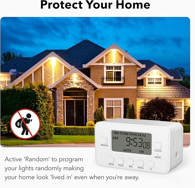 BN-LINK 7-Day Heavy Duty Digital Timer with Dual Outlet, LCD Display, 3-Prong Programmable Design, for Lights, Fans, Coffee Machine, Home, Kitchen, Office, Indoor Use, 125V 15A 1875W, 1 Pack