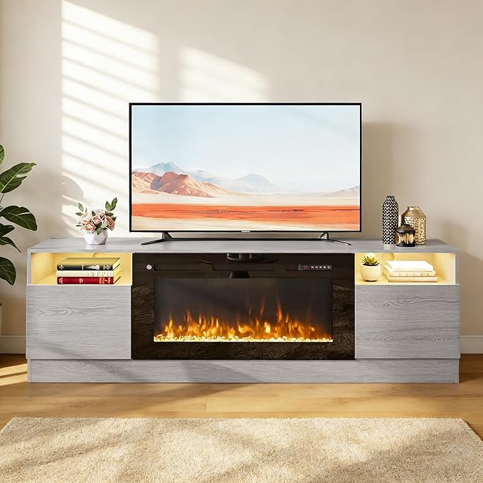 YISUFO 70" TV Stand with 36" Electric Fireplace, Large Modern Media Entertainment Center with Storage Cabinet and 12 Colors LED Lights for TVs Up to 80",Grey and Black