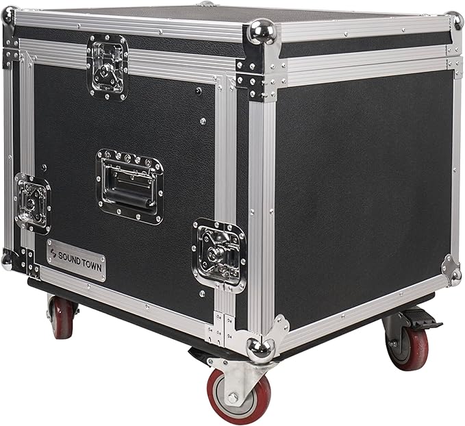 Sound Town Enhanced Thickness 1/2” (12mm) Plywood 8U Audio Rack/Road ATA Case with 11U Slant Mixer Top, 20’’ Rackable Depth, Casters, 8 Space Size, Pro Tour Grade (STMR-8UW)
