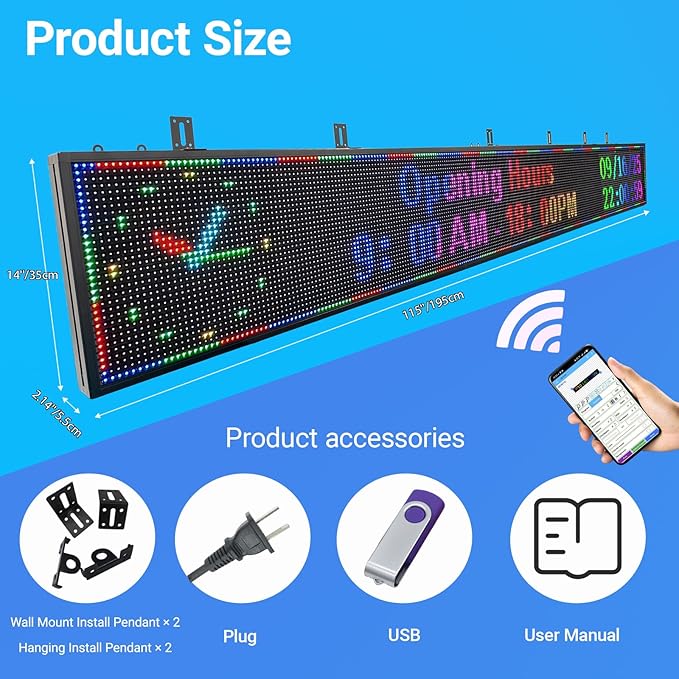 P10 Scrolling LED Sign Programmable Display Digital Bright Open Led Sign Waterproof Outdoor LED Signs Digital Message Board Business Advertising Display Wifi Control Custom 115"X14"