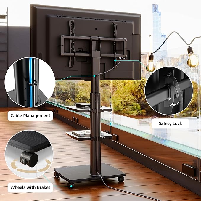 FITUEYES Swivel Rolling TV Stand, Height Adjustable Mobile TV Cart for 32-65 70 Inch TVs, Corner Floor TV Stand for Bedroom, Living Room, Home Office, Kitchen, Black