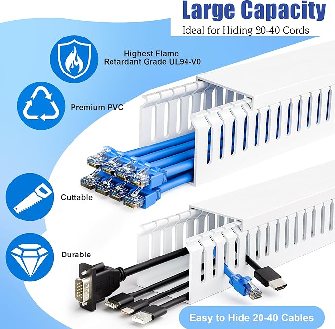 ZhiYo 2x2in Professional Server Rack Cable Management Raceway, 6.6ft (2 x 3.3ft) Cable Raceway Kit, Electrically Safe PVC Open Slot Wire Cover, Cord Hider for Under Desk/Computer/Network Cords White