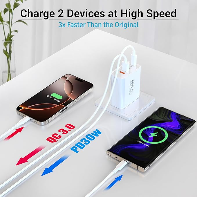 USB C Charger Block, 2-Pack 60W 5 Ports USBC Wall Charger Plug Fast Charging, iPhone Charger QC Multiport PD Adapter Chargers, Type C Box Brick Cube for iPhone 17 16 15 14 13 Pro Max,Samsung
