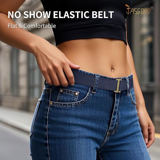 JASGOOD Women No Show Stretch Belt Elastic Web Strap Belt with Flat Buckle for Jeans Pants Dresses