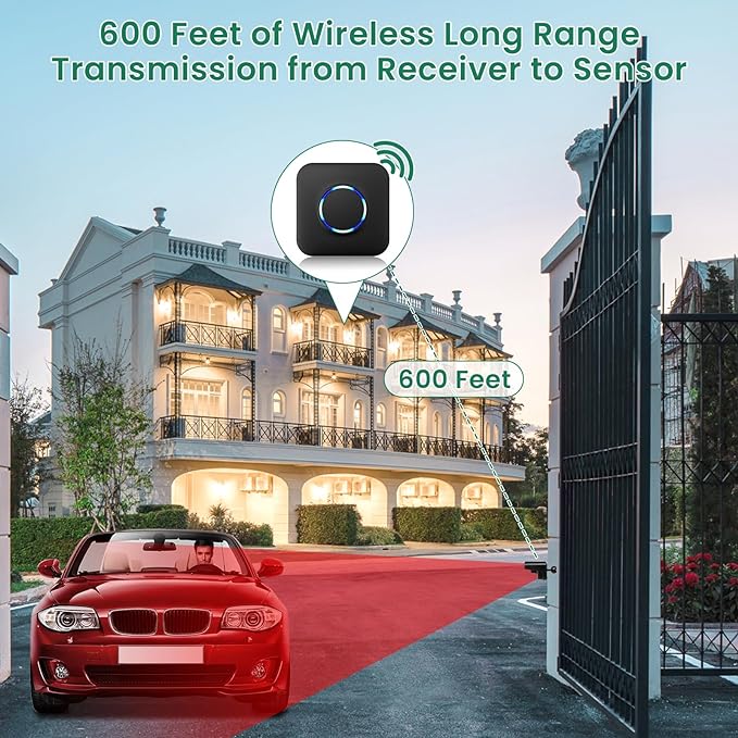 Wireless Driveway Alarm, Outdoor Weatherproof Motion Sensor & Detector with 600ft Range, Microwave Infrared Home Security Alert System for Driveway/Garage/Indoor/Outdoor (1 Receiver+2 Sensors)
