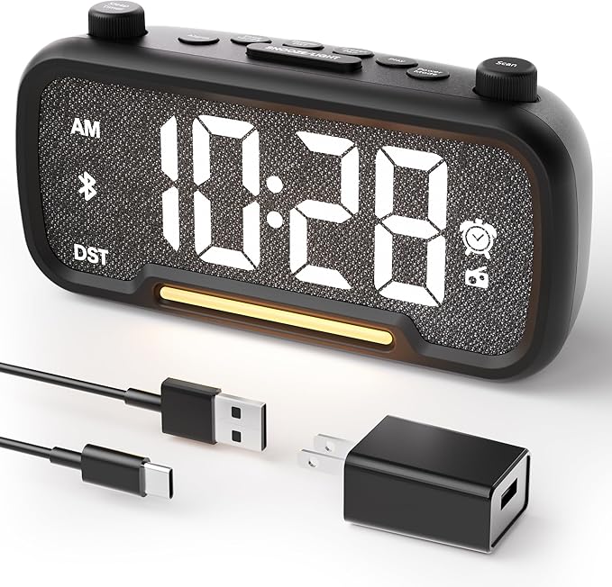 OnLyee 5-in-1 Alarm Clock Radio – FM Radio, Hi-Fi Speaker Sound, Bluetooth Speaker, Auto-Off Timer, Night Light, Dual Charging Ports – Ideal for Bedrooms, Dorms & Home Offices (Black)