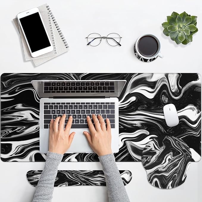 Britimes Black White Marble Keyboard Mouse Pad Set 4in1 Large Mousepad+Keyboard Wrist Rest+Mouse Wrist Rest+Coaster Ergonomic Design for Home Office Computer 35.4x15.7 inches