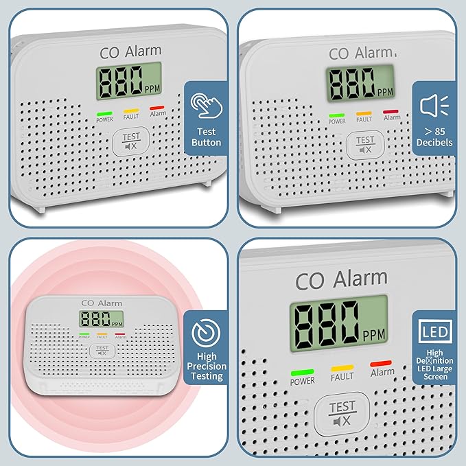 Carbon Monoxide Detector Powered by AA Battery (not Included), CO Monitoring Alarm with LCD Display Screen, Used for Home Basement Kitchen, Hotel Garage, Bedroom, Living Room Voice Alarm 6 Pack