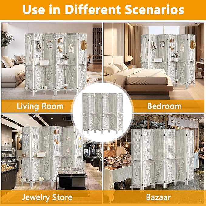 Aleesing 6 Panel Pegboard Display with 24 Hooks, Wooden Pegboard Room Divider Wall with Shelf, Partition Room Dividers and Folding Privacy Screens, Bedroom, Jewelry Store, White