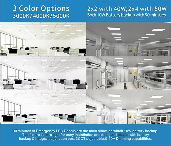 2X2 LED Flat Panel Light Emergency Battery Backup, 40W-3000K/4000K/5000K, 0-10V Dimmable, 4390 Lumens, LED Drop Ceiling Light, 100-277V, DLC and UL Listed, Ultra Thin Back-Lit (2 Pack)