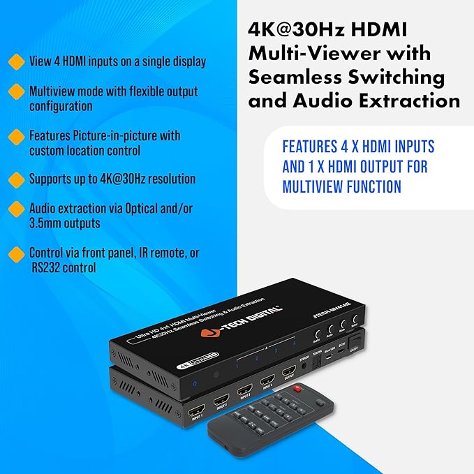 J-Tech Digital 4K HDMI Multiviewer Switch 4 in 1 Out, 4x1 4K 30Hz HDMI Quad Multiviewer Seamless Switcher with PiP, 6 Viewing Modes, Audio Extraction via Optical 3.5mm (JTECH-MV41AE)