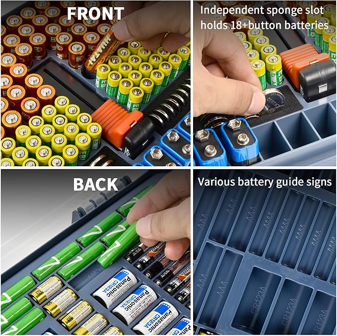 Aptbyte Battery Organizer Storage Holder Box Case with Tester- 269 Batteries Double-Sided Variety Pack, Holds AA AAA 4A C D Cell 9V 3V Lithium LR44 CR2 CR123 CR1632 18650 Button- Blue (Box Only)