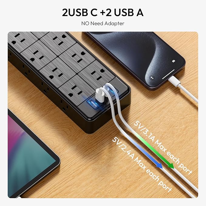 24 Widely Outlets Extension Cord 25 Ft NTONPOWER Long Extension Cord Surge Protector with 4 USB Ports(2 USB C),15A/1875W Power Strips with Surge Protection 4000J, Wall Mount Holes for Home, Office