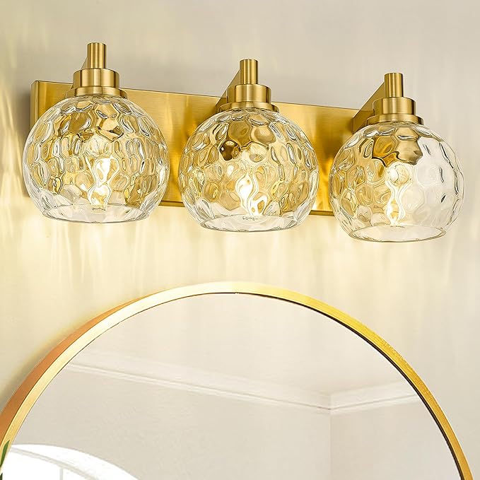 METWET Bathroom Light Fixtures Over Mirror, 3-Light Brushed Gold Vanity Light with Clear Hammered Glass Globe Shade, Modern Sconces Wall Lighting Bedroom Hallway, VL200-BG-3