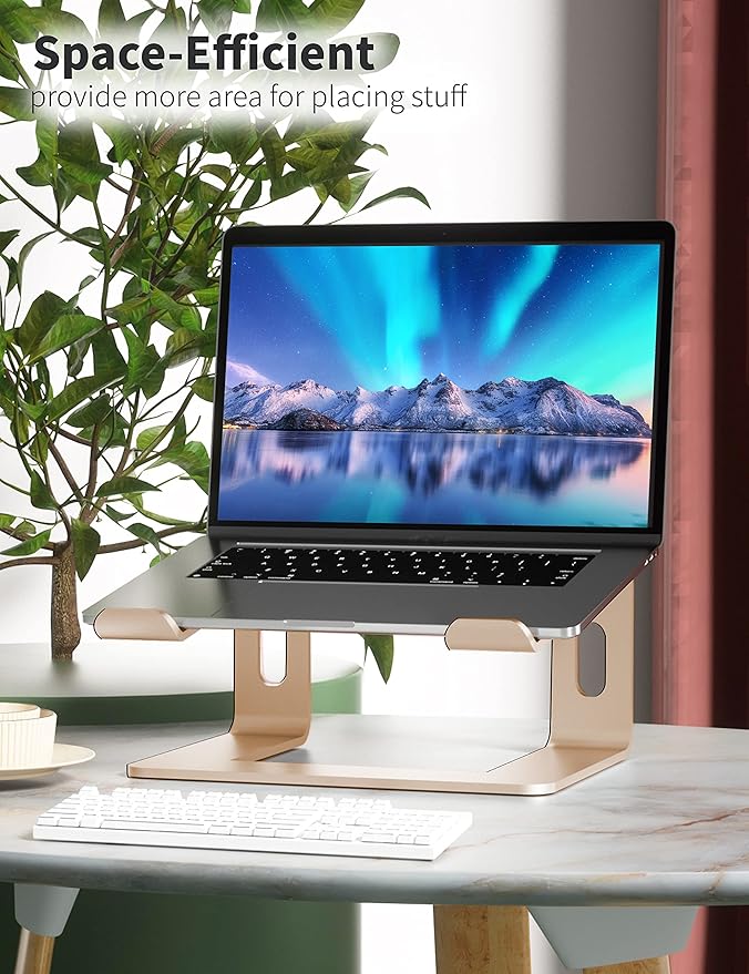 SOUNDANCE Laptop Stand, Aluminum Computer Riser, Ergonomic Laptops Elevator for Desk, Metal Holder Compatible with 10 to 15.6 Inches Notebook Computer, Champagne Gold