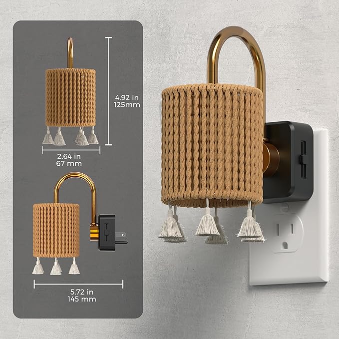 L LOHAS LED Night Lights Plug into Wall, Boho Fabric Cylinder Decor Night Light with Tassel, Dusk to Dawn Sensor, 0-100LM Dimmable Night Lights, Vintage Nightlight for Bedroom, Living Room, Hallway