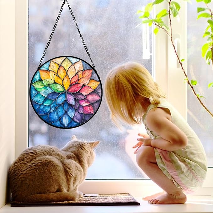 DASTOLL Stained Glass Window Hanging, Colorful Flower Petals Sun Catchers Diamond Glass Panel Hangings Suncatcher Decor for Birthday for Women, Men, Wife, Aunt, and Mom 7.8 in
