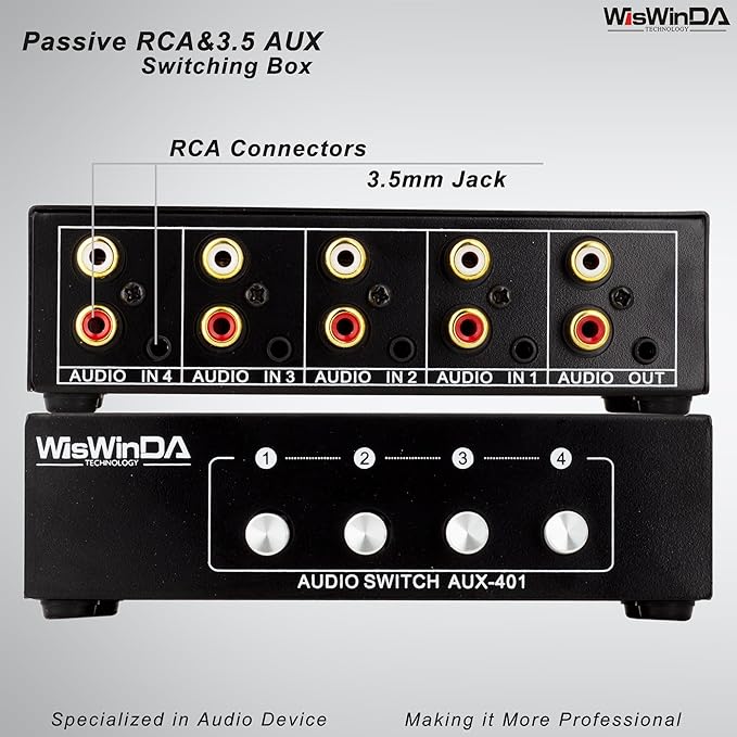 4-in 1-Out RCA 3.5mm AuxAudio Switch Box Audio Converter 4 Channels 1-in 4-Out Passive Audio Selector Switcher Box Connectors (RCA+AUX 4IN-1OUT/1IN-4OUT)