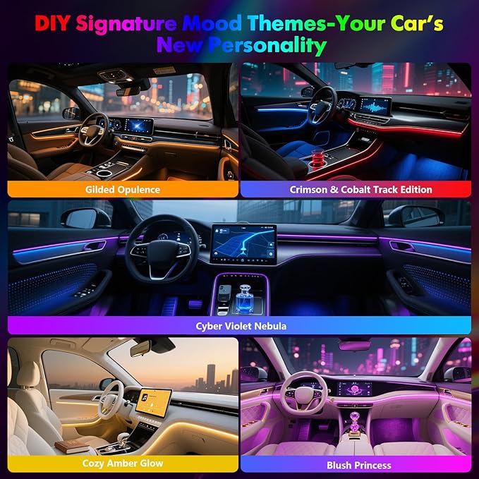 New Version Dreamcolor Acrylic Car Interior Lights 10 in 1 RGB LED Strip Lights APP Control Zoned Control System 252 Color Modes DIY Fiber Optic Ambient Lighting Kits Music Car Neon Lights
