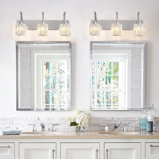 FDPBY 3-Light Crystal Vanity Light, Modern Chrome Bathroom Wall Sconce with K9 Crystal Shades, 23.62" Long Over Mirror Lighting for Vanity, Makeup, Hallway, Elegant & Durable