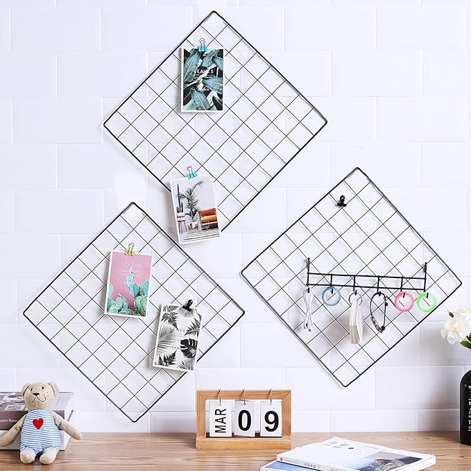 Feadily 4 Pack Metal Grid Wall Board Including 1 Hook Rack, Photos & Pictures Display Board,Photo Wall, Picture Board, DIY Home & Office Wall Decor 13.8 Inch × 13.8 Inch (Black)