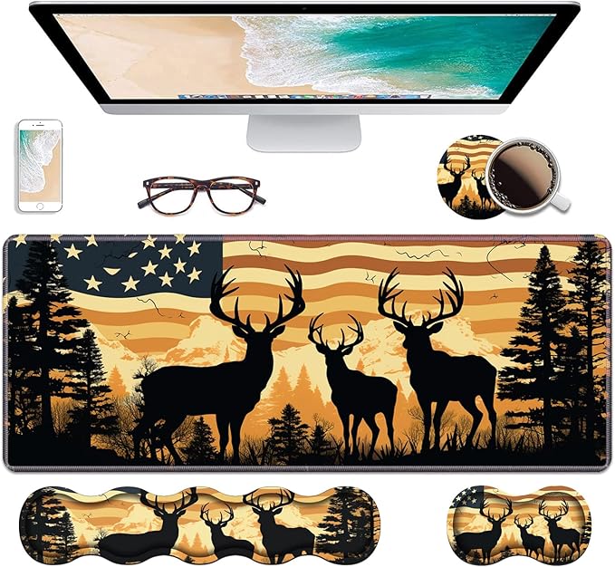 Ergonomic Keyboard Wrist Rest & Mouse Pad Wrist Rest Set, Large XXL Gaming Desk Mat 31.5"x 11.8" with Non-Slip Base, Memory Foam, Easy Typing Pain Relief for Home & Office, American Flag Deer