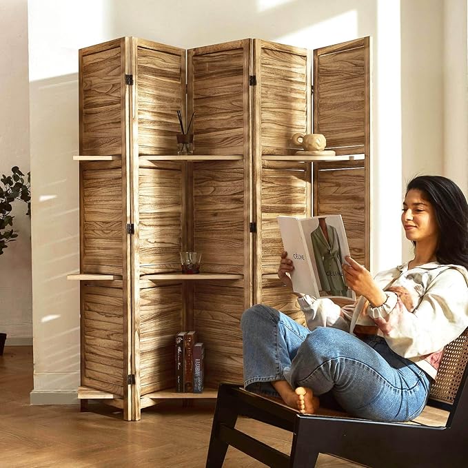 Partition Room Dividers, Folding Wood Privacy Screen with Three Display Shelves Suitable for Home Office, Study, Art Display - 5 Panel, 67 * 64inch (Wood)…
