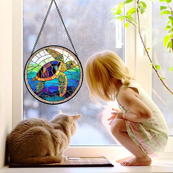 DASTOLL Stained Glass Window Hanging, Colored Turtle Ocean Suncatcher Diamond Glass Panel Hangings Marine Life Sun Catchers Decor for Birthday for Women, Men, Wife, Aunt, Mom 6.3 in
