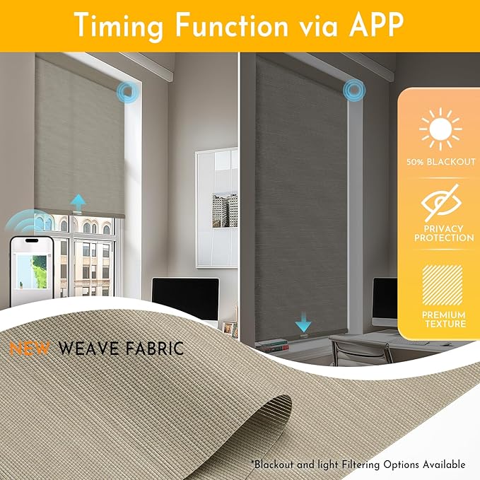 Persilux Smart Motorized Blinds with Remote, No Drill Automatic Roller Shades for Indoor Windows, Light Filtering Linen Fabric, Electric Blinds for Windows, Weave Caribou C162-5, Custom Size