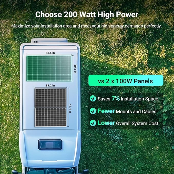 HQST 200W Solar Panel, 9BB Monocrystalline Solar Panels with 25% Efficiency, Grade A+ Cells, IP65 Rating for RV, Camper Van, Trailer, Marine, Home Rooftop, Off Grid