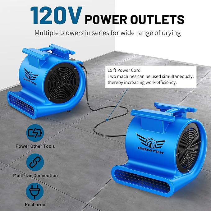BSMTEK Air Mover Blower Fan, Industrial 1.5HP MAX10000CFM Monster Floor Blower Carpet Dryers - 3 Speeds, 4 Adjustable Angles, 15FT Long Cord, Stackable - 2026 Upgraded