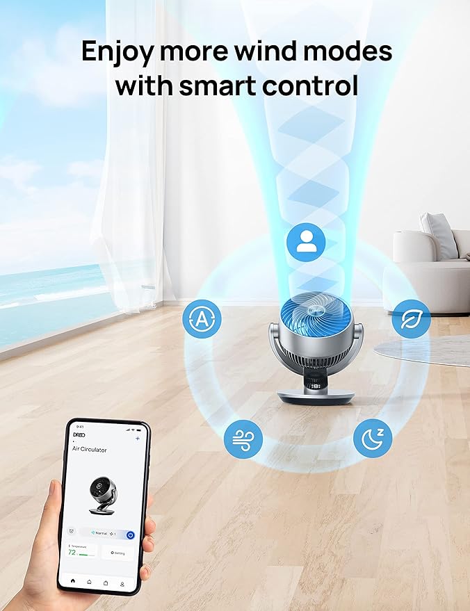 Dreo Smart Fan for Bedroom,120° Vertical and 90° Oscillating Fan with Remote/Voice, 13 Inch Height Quiet Air Circulator for Whole Room, 70 ft, 4 Speeds, 5 Modes, 12H Timer, Desk Fans for Home, Office
