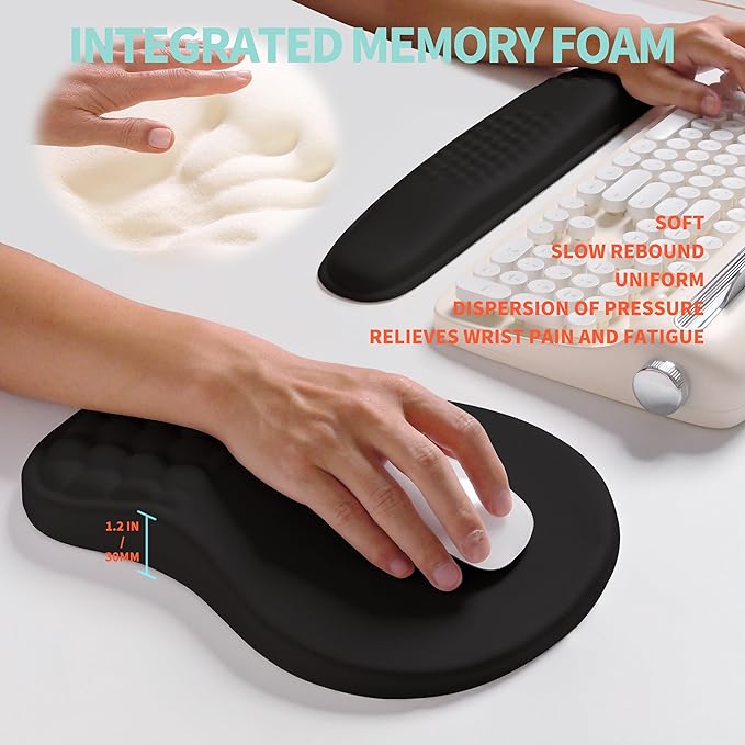 KUOSGM 2-in-1 Ergonomic Set, Wave Rise Keyboard Wrist Rest and Massage Bulge Slope Mouse Pad Wrist Support, Cushion Memory Foam Integrated to Relieve Wrist Pain, Black