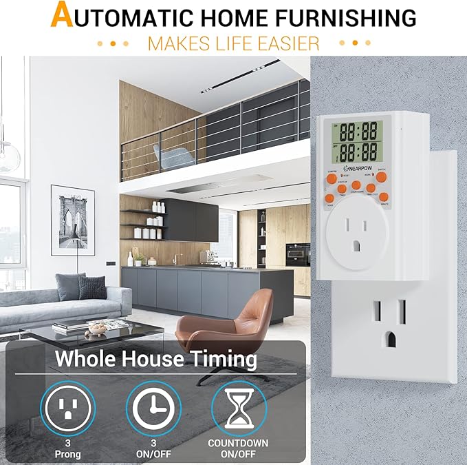 Timer Outlet, Nearpow Multifunctional Infinite Cycle Programmable Plug-in Digital Timer Switch with 3-Prong Outlet for Appliances, Energy-Saving Timer, 15A/1800W