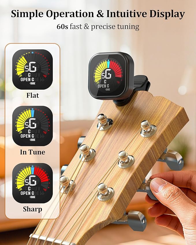 New Bee Guitar Tuner Clip-On Rechargeable with Color Screen 360° Rotatable Acoustic Chromatic Open Tuning for Guitar, Bass, Ukulele, Violin, Cello(Black, 1 Pack)