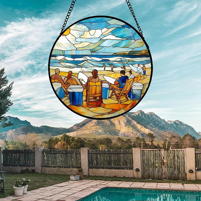 AMDERVEN Stained Glass Window Hanging 4 Pcs Set Blue Ocean Surfing Beach Large 11.8" - Suncatcher Door Garden Sun Catcher Decor Birthday Mother's Day for Firefighte Men Woman Nana Mom