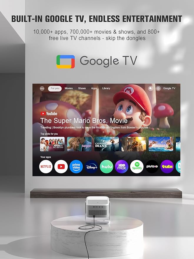 【Official Licensed Google TV】4K Smart Projector with WiFi and Bluetooth, VOPLLS Outdoor Projectors with Dolby/Auto Focus, Portable Movie Phone Wireless Gaming Wifi Proyector for Bedroom/Home/Celling
