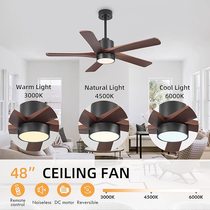 WINGBO 48 Inch DC Ceiling Fan with Lights and Remote Control, 5 Carved Solid Wood Blades, 6-Speed Noiseless Reversible DC Motor, Indoor Ceiling Fan in Matte Black Finish with Walnut Blades