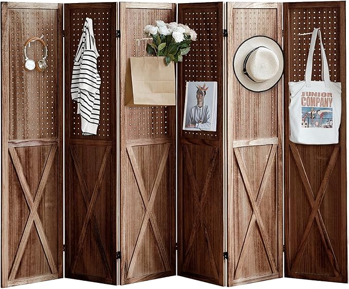 ALeesing 6 Panel Pegboard Room Divider, 5.6Ft Pegboard Display Folding Privacy Screens, Wood Room Divider Peg Board Display Freestanding for Trade Show Craft Show Home Wall Organizer, Brown