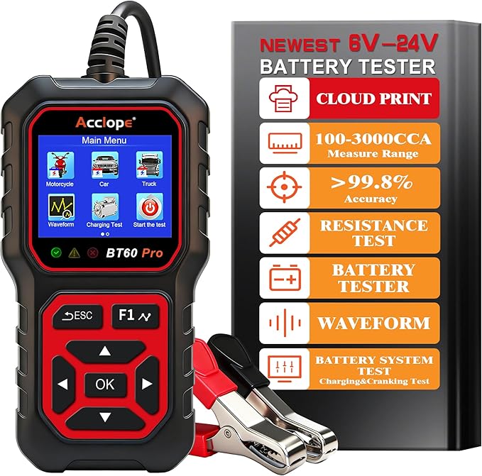 Acclope BT60 Pro Car Battery Tester with Cloud Printing,100-3000 CCA, Digital Analyzer for 6V/12V/24V Batteries, AGM Lithium Gel Battery Checker, Automotive Alternator System