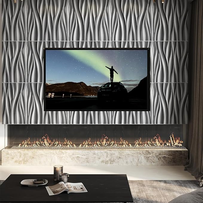 STICKGOO 3D Wall Panels, Brushed Silver Decorative Wall Covering Panels, Wave Wall Panels for Interior Wall Decor, PVC Accent Tiles for Living Room, TV Backdrop