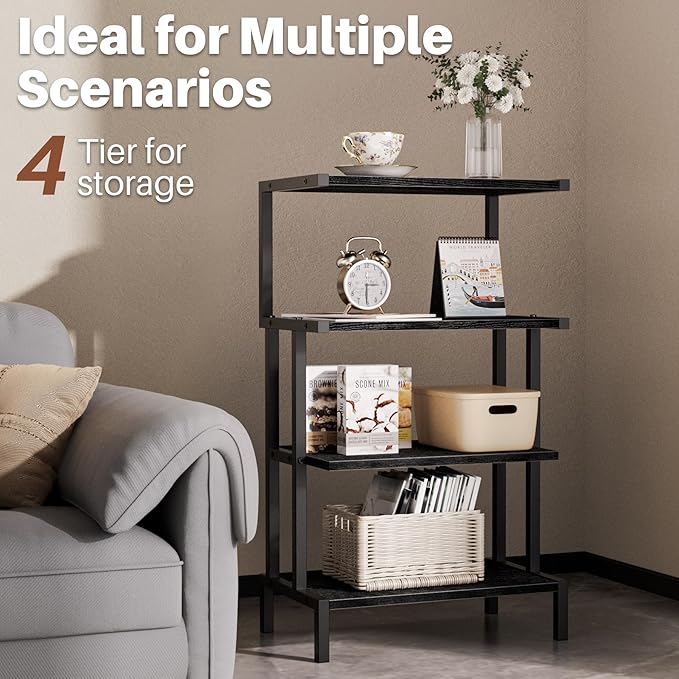 Aquzee Media Stand, Gaming Shelf, 4 Tier Small Electronics Shelves Video Game Console Organizer Cabinet, Wood Stereo Racks AV Shelves for Entertainment Center Storage, Recreation Room Furniture,Black