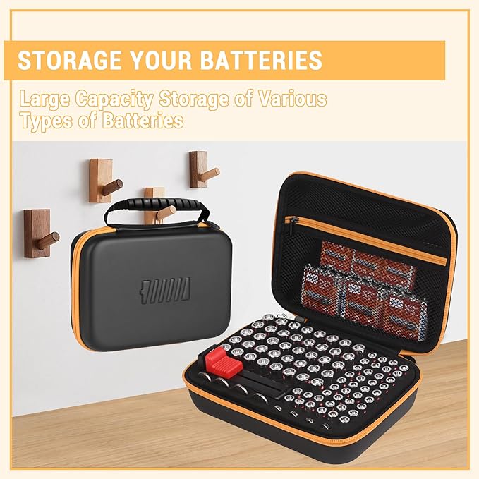 stukcaze Battery Organizer Storage Case with Tester for AA AAA Button Battery Holder Carrying 3 Batteries Variety Pack 88 Batteries Zipper Mesh Bag (Batteries Not Included) (black-orange)